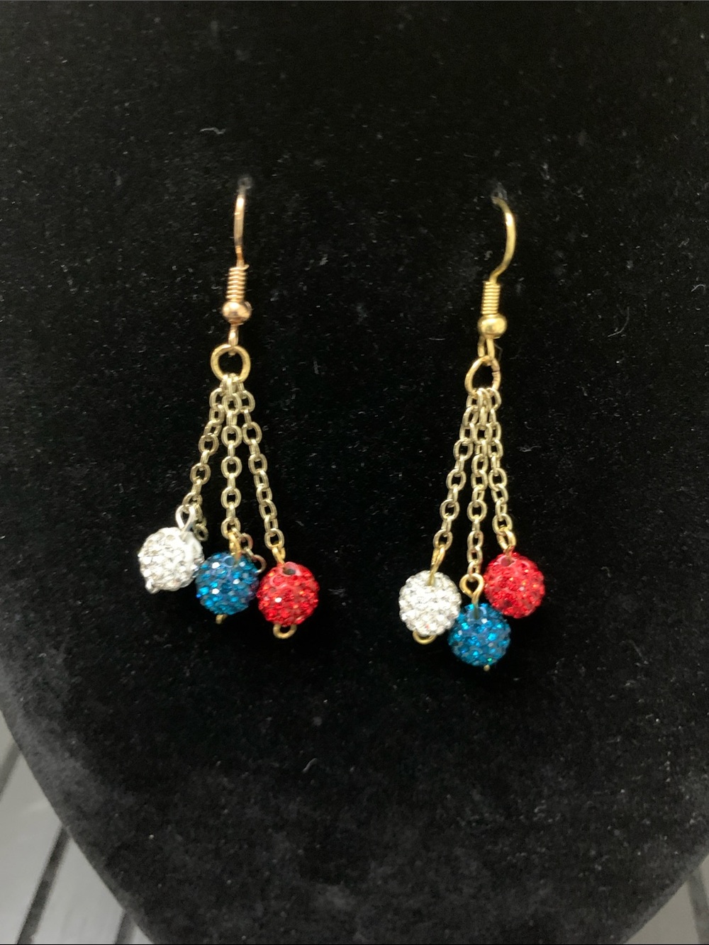 Gold-Tone Triple Dangle Earrings with Red, Blue and White Crystal Pave Beads